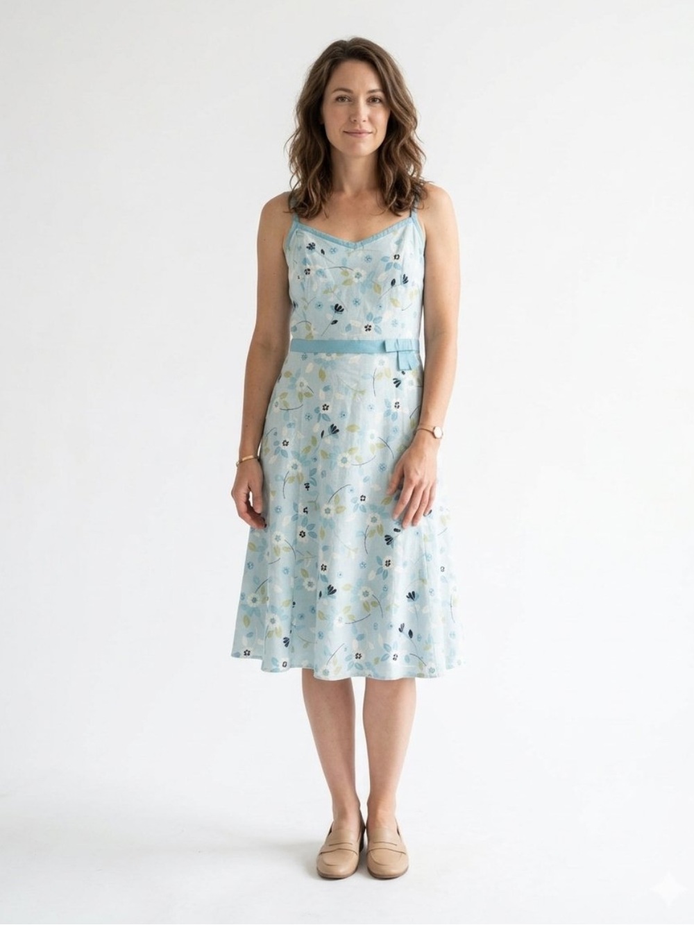 Vintage Y2K Ann Taylor LOFT Linen Blend Light Blue Floral Fit & Flare Sundress